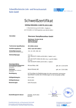 Die Meeraner - MDKB - Meeraner Dampfkesselbau - Schweisszertifikat EN1090-2.00578.2015.005 en, DIN EN 1090-2